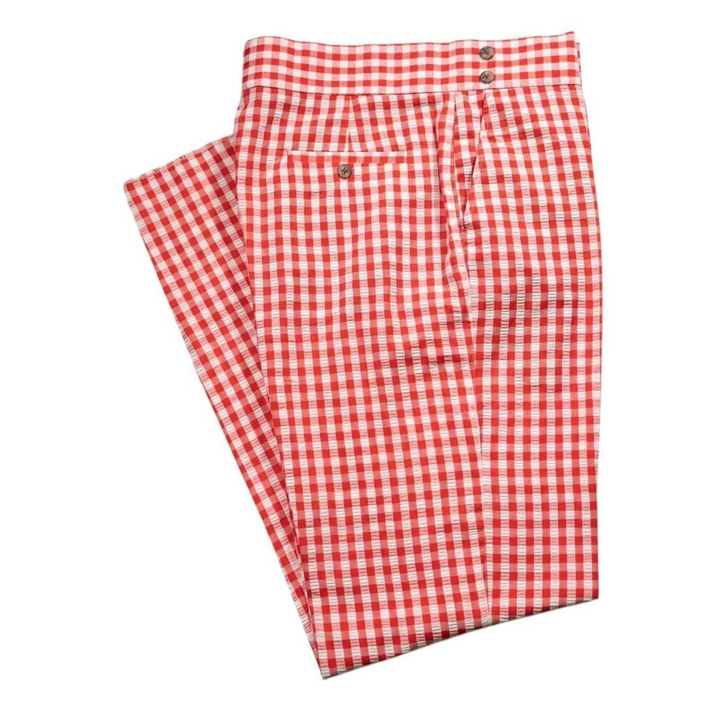Mens 34 Gurkha Pants Red White Gingham Seersucker Straight Flat Front Trousers